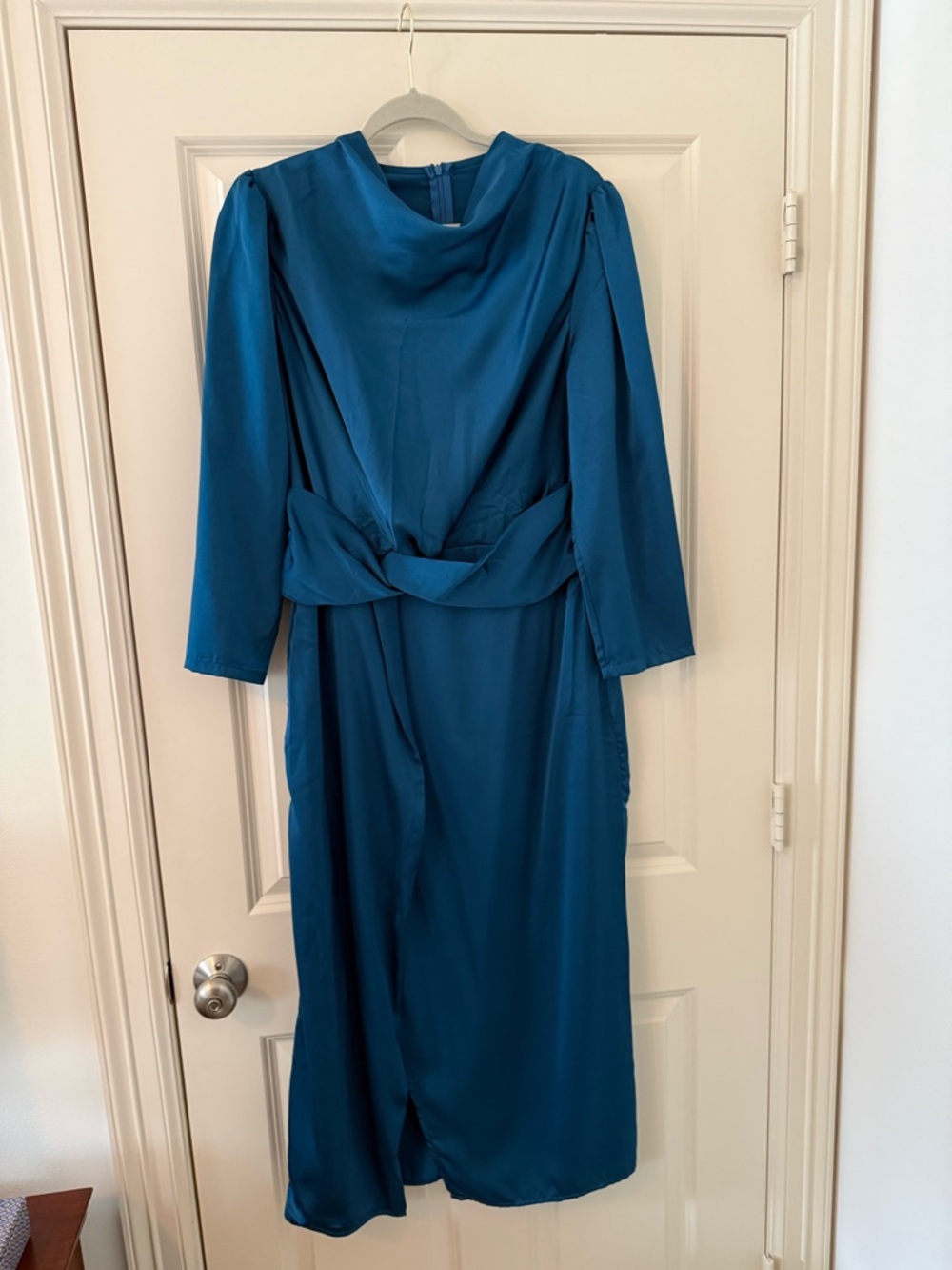 Teal Long-Sleeve Satin Dress with Waist Knot